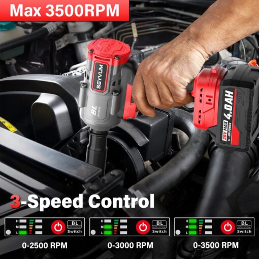 SEYVUM Cordless Impact Wrench, 1/2” Max Torque 600 Ft-lbs / 800 N.m Powerful Impact Gun, 20V 3500RPM Electric Impact Driver, 2 x 4.0Ah Battery & Fast Charger, 6 Impact Sockets, Carrying Case Included - Image 4