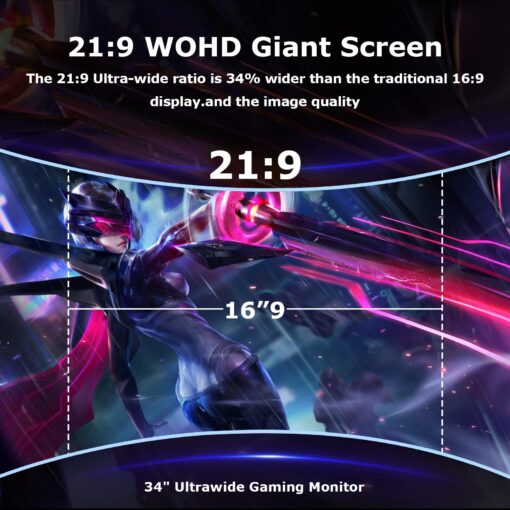Raywego 34 inch Curved Ultrawide Computer Gaming Monitor 165Hz,UWQHD 3440x1440,1500R -PIP,1ms (MPRT),HDR, 300nits, sRGB99%,FreeSync,HDMI2.0(TMDS) x2,DP1.4 x2,Eye Care,VESA,Support Lifting Base - Image 5