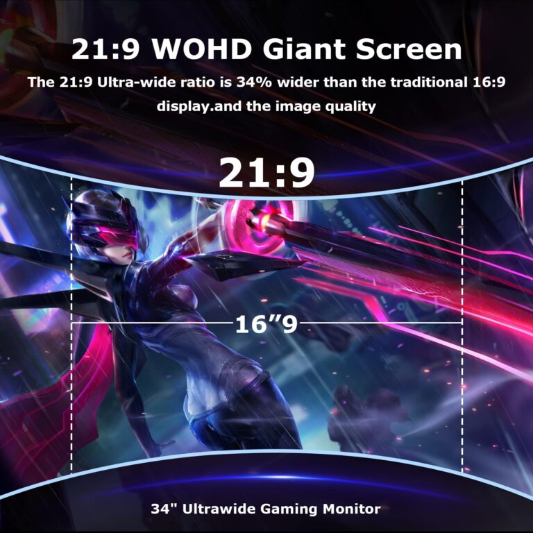 Raywego 34 inch Curved Ultrawide Computer Gaming Monitor 165Hz,UWQHD 3440x1440,1500R -PIP,1ms (MPRT),HDR, 300nits, sRGB99%,FreeSync,HDMI2.0(TMDS) x2,DP1.4 x2,Eye Care,VESA,Support Lifting Base - Image 5