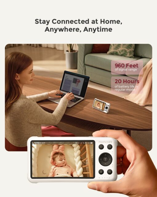 Momcozy Smart WiFi Baby Monitor with Camera and Audio, 5" 1080P Screen with Wall Mount, Motion & Cry Detection, Safe Fence, Clear Night Vision, 5000mAh Battery, 2-Way Talk, Photo & Video Recording - Image 3