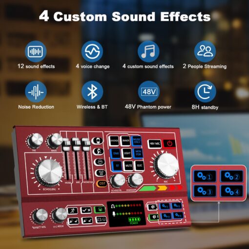 Hayner-Seek Podcast Equipment Bundle for 2,Audio Interface DJ Mixer With 3.5mm XLR Condenser Microphone for Living Streaming,Recording,Gaming,TikTok,YouTube,PC,Smartphone (Red) - Image 6