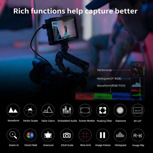 FEELWORLD F5 Pro X 5.5 Inch 1600nits Daylight Visible DSLR Camera Field 4K Monitor with 3D LUT HDMI Touchscreen Monitor Video Monitor 4K-HDMI DC Input Output Include Battery+Carry Case Bundle - Image 5