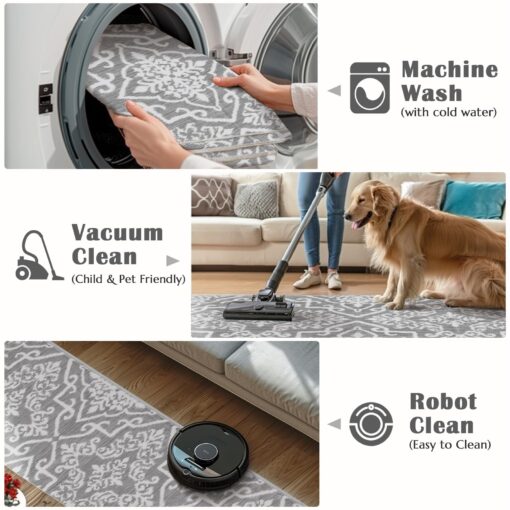 jinchan Boho Area Rug 8x10 Moroccan Washable Rug Indoor Floor Cover Accent Carpet Floral Tile Print Mat Soft Non Slip Carpet for Kitchen Living Room Bedroom Dining Room Farmhouse Decor Grey - Image 7