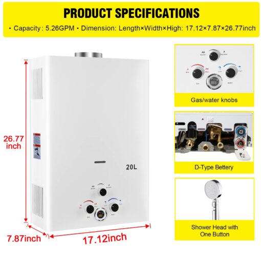 Tankless Water Heater Propane 5.26GPM 20L Outdoor Portable GasHot Water Heater Instant Propane Water Heater with Digital Display Multi-Protection for Camping Trips Boat Cabins - Image 9