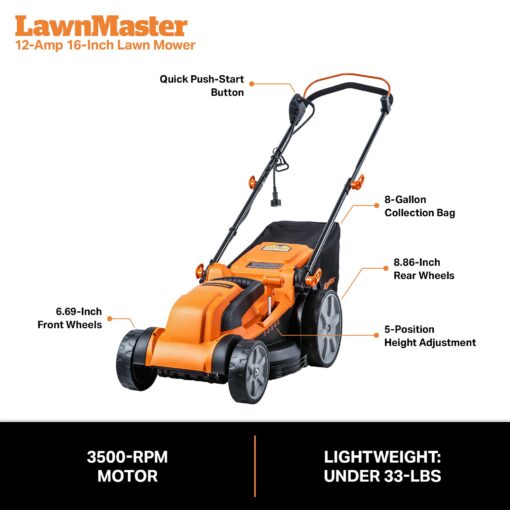 LawnMaster MEB1216K Electric Lawn Mower 16-Inch 12AMP - Image 2