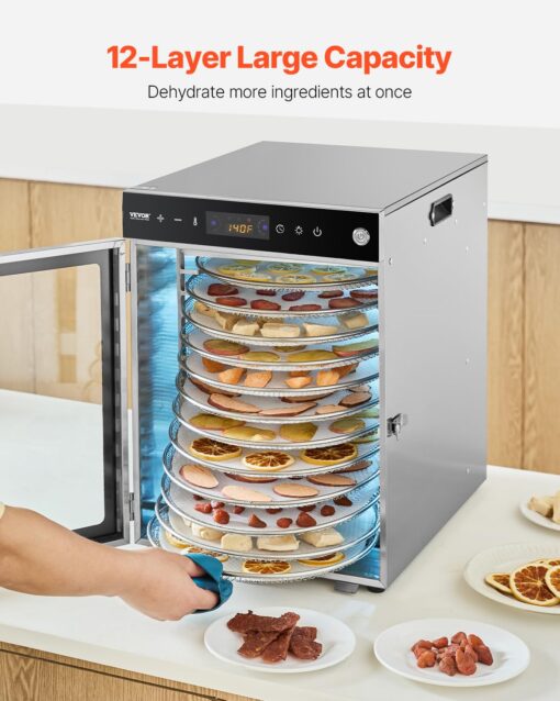 VEVOR Rotary Food Dehydrator Machine, 12 Stainless Steel Trays, 800W Electric Food Dryer with Adjustable Temperature & 24-Hour Timer, Freeze Dryer for Jerky, Meat, Fruit, Vegetables, Herbs, Dog Treats - Image 7