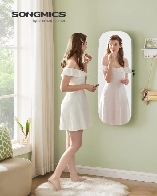 SONGMICS Jewelry Organizer, LED Jewelry Cabinet Wall or Door Mounted, Lockable Rounded Wide Mirror with Storage, Interior Mirror, 3.9 x 16.5 x 42.5 Inches, Laurel Green Surface with Cream White Lining - Image 7