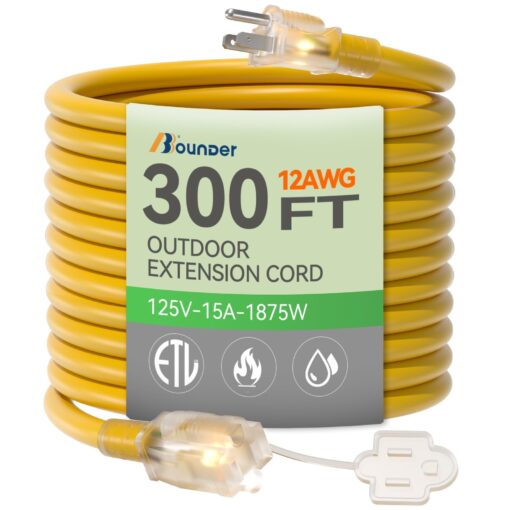 BBOUNDER 300 FT Super Size Outdoor Extension Cord Waterproof, 12/3 SJTW Heavy Duty 15A 1875W, Flexible 100% Copper 3 Prong Cords for Commercial Use and High Power Appliance, Yellow - Image 2