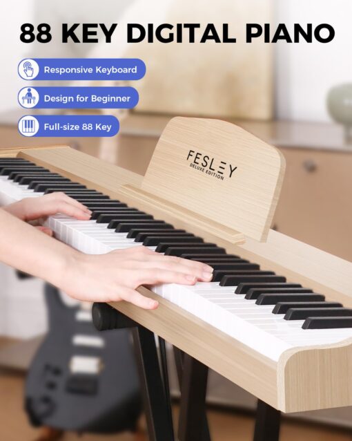 Fesley Weighted Piano Keyboard 88 Keys: Full Size Electric Keyboard Piano for Beginners, Portable 88 Key Keyboard with Daul Speaker,Sustain Pedal,Power Adapter,Support Bluetooth,USB MIDI,FEP300, Beige - Image 5