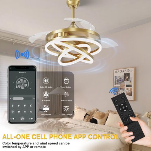 TXCSLY Retractable Ceiling Fan, 42 Inch Chandelier Ceiling Fan with Light, Modern Fandelier Ceiling Fan for Bedroom Living Room Dinning Room, Reverse Motor, 3 Color, 6 Wind Speed, Gold - Image 5