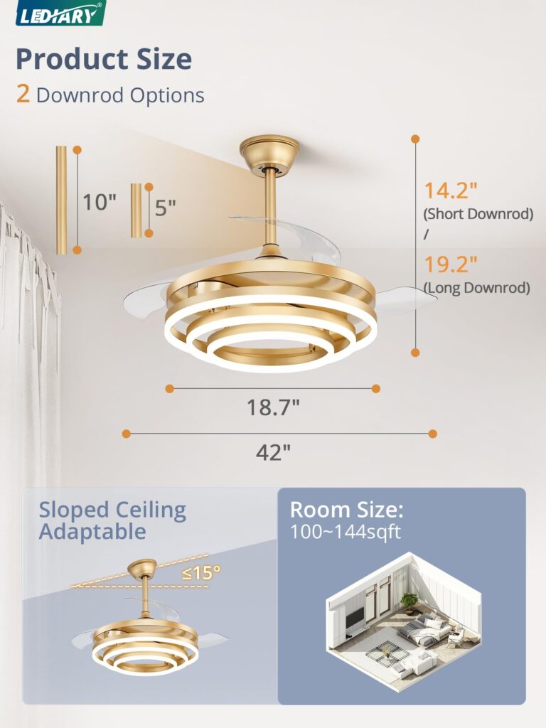 LEDIARY 42 Inch Retractable Ceiling Fan with Lights, Fandelier Ceiling Fan with 6 Speeds,3000K-6000K Adjustable,and DC Motor,Chandelier Ceiling Fans with Lights and Remote for Bedroom Living Room,Gold - Image 3