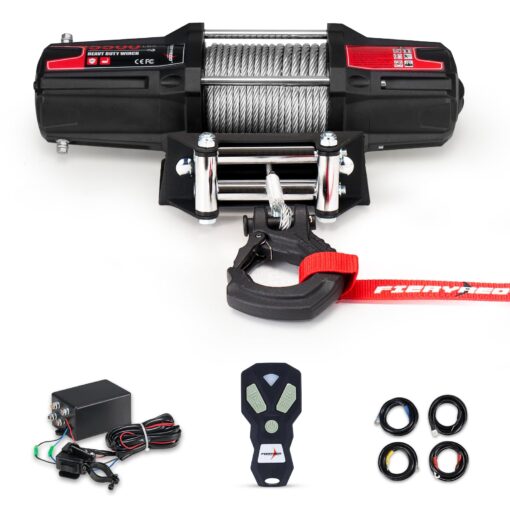 FieryRed ATV/UTV Winch- 12 V 5500LBS Electric Winch with Steel Cable, Wire and Wireless Remote Control, Roller Fairlead
