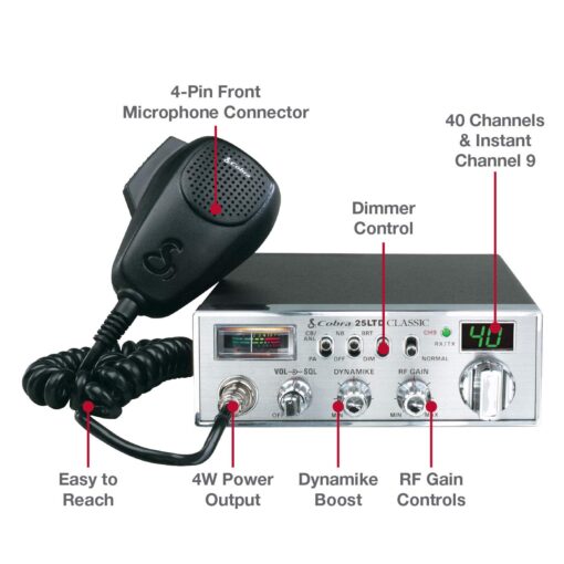 Cobra 25LTD Professional CB Radio - Emergency Radio, Travel Essentials, Instant Channel 9, 4 Watt Output, Full 40 Channels, 9 Foot Cord, 4 Pin Connector - Image 7