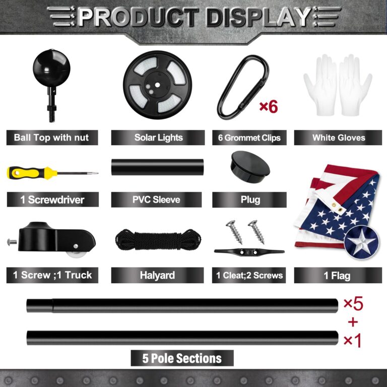 Heavy Duty Flag Pole Kit with Solar Light, 25 FT 12 Gauge Aluminum in Ground Flagpole with 128 LEDs Solar Powered Set for House Outside, with Embroidered American Flag, Residential Commercial, Black - Image 7
