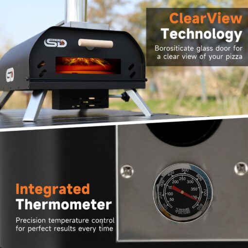SizzleDelite Outdoor Pizza Oven Wood Pellet 12" Round Pizza Stone, Portable Wood Fired with Built-in Thermometer Pizza Stove, Stainless Steel Pizza Maker for Outside, Backyard, Camping - Black - Image 4