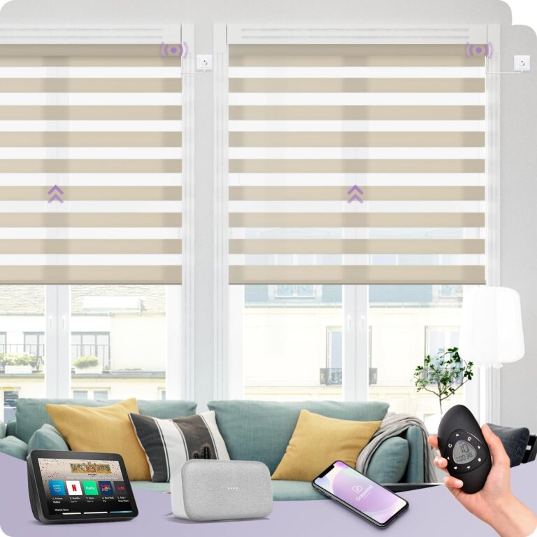 Graywind Motorized Zebra Blinds Compatible with Alexa Google WiFi Hardwired Smart Horizontal Blind Remote Control Light Filtering Electric Window Shades with Valance, Customized Size (Wool-like Beige)