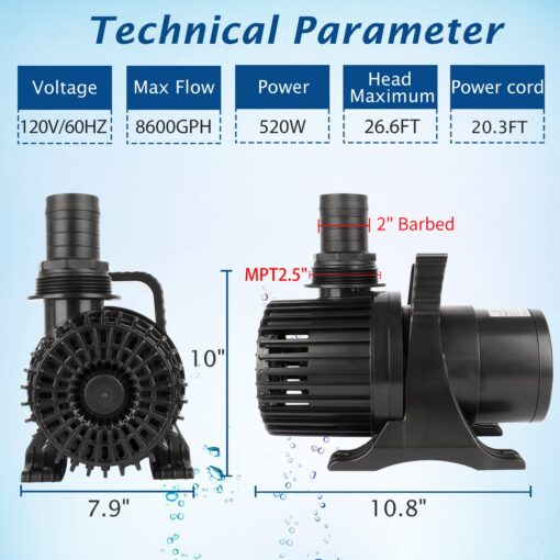 WaterRebirth (8600GPH 520W, UL listed) High Flow Submersible Water Fountain Aquarium Sump Pond Electric Waterfall Pump PS-8600 - Image 7