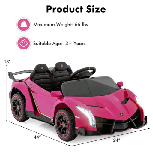 INFANS 2 Seater Kids Ride on Car, 12V 4WD Licensed Lamborghini Veneno Powered Electric Vehicle with Hydraulic Doors, Rocking Mode, Adjustable Speeds, Remote Control, MP3, Headlight (Coral) - Image 8