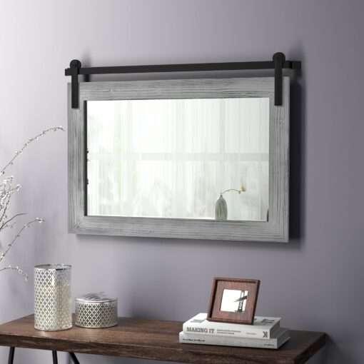 COGOOD Farmhouse Barn Door Mirror - 41" x 26" Rustic Wood Framed Wall Mirror for Bathroom, Living Room, Entryway Wall Decor (Grey) - Image 9
