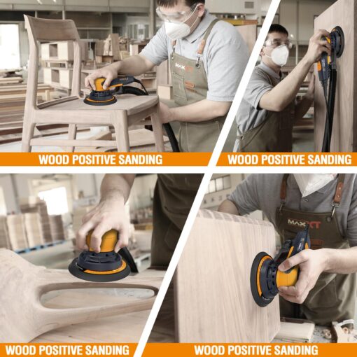 MAXXT Electric 5mm Random Orbital Sander, Palm Sander with Brushless Motor, 5&6Inch Sanding Pads, Central Vacuum, Sanders for Woodworking, Primary Wood and Panel Processing(Orange) - Image 2