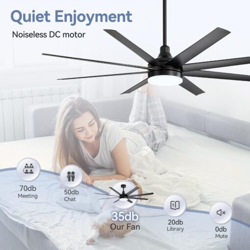 65 Inch Ceiling Fan with Light and Remote, 8-Blade, Reversible DC Motor, 6-Speed, Timer, Industrial Ceiling Fans with Led Light Chandelier for Bedroom Office (Black) - Image 5