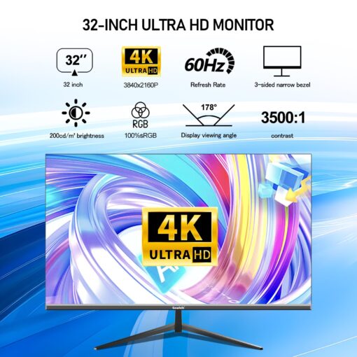Gawfolk 32 Inch 4K UHD Computer Monitor, Ultra-Clear (3840×2160p) Screen, 100% sRGB,178° Viewing Angle, HDMI、Display Port, Compatible with Wall mounting 100 * 100MM - Black - Image 7
