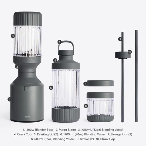 Beast Mega 1200 | Premium Countertop Blender | Smoothies, Shakes, Sauces, Dips, Soups | Blends Ice and Frozen Fruit | XL Vessel | Extra Vessels, Straw System Included | 1200W | (Charcoal, 120V) - Image 2