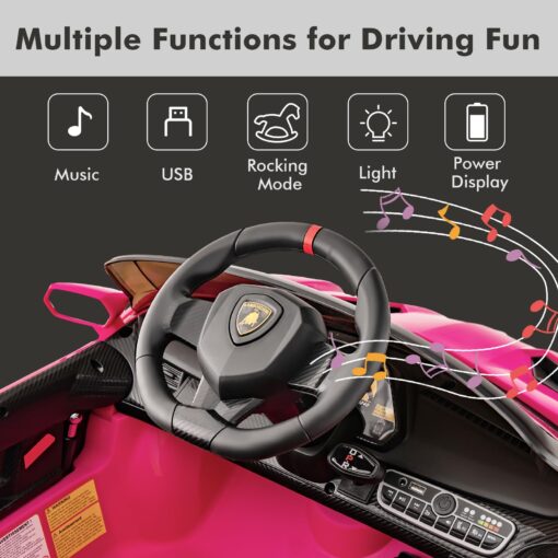 INFANS 2 Seater Kids Ride on Car, 12V 4WD Licensed Lamborghini Veneno Powered Electric Vehicle with Hydraulic Doors, Rocking Mode, Adjustable Speeds, Remote Control, MP3, Headlight (Coral) - Image 6