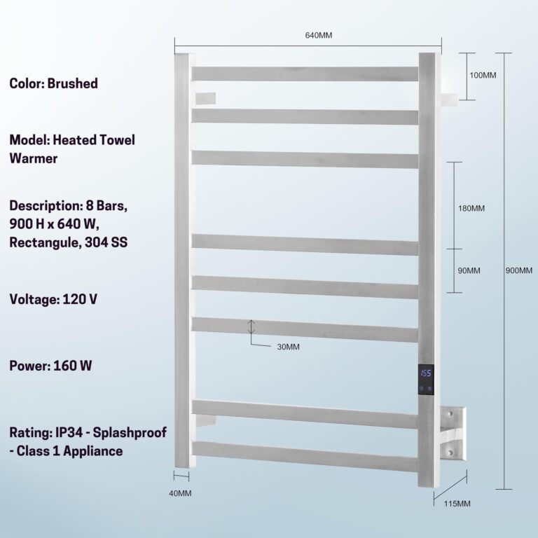 Peaktrivol 8-Bar Heated Towel Rack - Slim Design, Quick Heating, Adjustable Temperature, 24-Hour Timer - Brushed Stainless Steel - Ideal for Hot Towels in Bathroom - Image 2