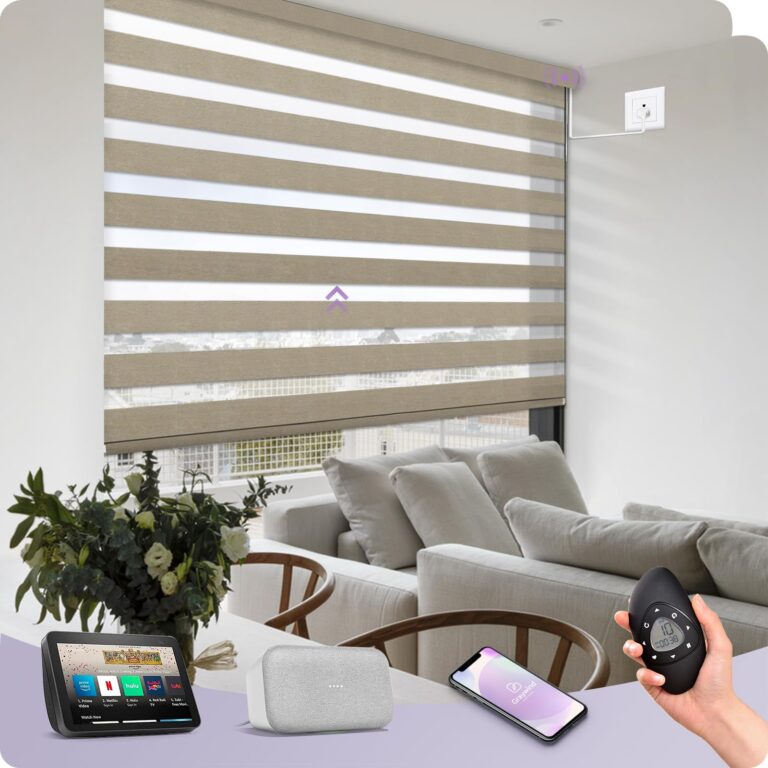 Graywind Motorized Zebra Blinds Compatible with Alexa Google WiFi Hardwired Smart Horizontal Window Blind Remote Control Light Filtering Electric Window Shades with Valance, Customized Size (Coffee)