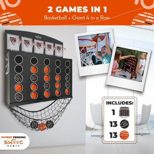 SWOOC Games - Low Post Lineup™ | Wall Mounted Giant Basketball 4 In A Row w/ 5+ Games | Basketball Hoop For Room Wall Games | Game Room Games | Mini Basketball Hoop Indoor Connect | Four In A Row Game - Image 5