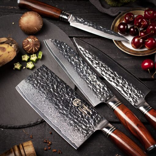 YARENH Cleaver Knife Set with Magnetic Block, Damascus Stainless Steel,73 Layers, 5 Piece Professional Sharp Kitchen Knife Set for Chef, Full Tang, Sandalwood Wood Handle - Image 3