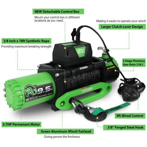 STEGODON Winch 9500lb Electric Winch 12V Winch with Synthetic Rope Car Trailer Winch with Green Hawse Fairlead Wireless Remote and Wired Handle for Truck SUV Jeep - Image 4