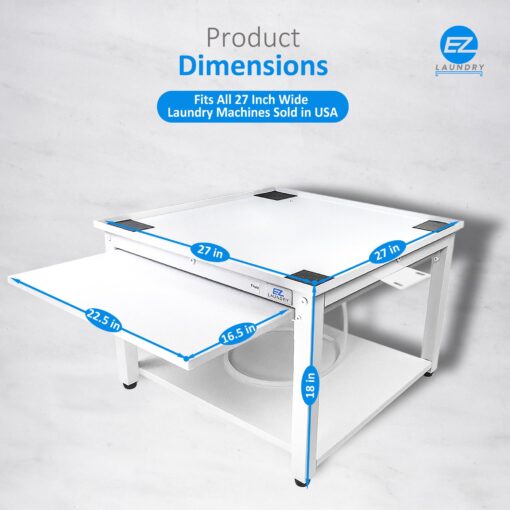 EZ Laundry - Laundry Pedestal for Washer/Dryer, 24" Anti-Vibration Steel Stand with Adjustable Feet Elevates 18", Includes Drain Pan & Hose Pull Out Shelf (White with Shelf) - Image 8