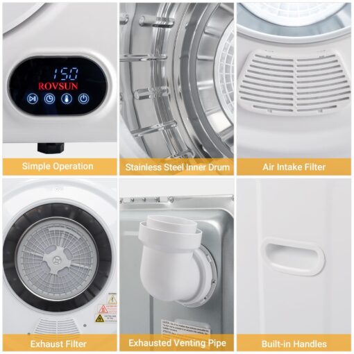 Bonnlo Portable Clothes Dryer, Front Load Electric Dryers Machine, Compact Laundry Dryers with Stainless Steel Tub, for Home, Apartment, Dorm, White (LCD Touch Control) - Image 6