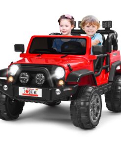 Costzon 2-Seater Ride on Truck, 12V Battery Powered Electric Vehicle Toy w/Remote Control, 3 Speed, LED Lights, MP3, Horn, Music, 2 Doors Open, Spring Suspension, Ride on Car for Kids (Red)