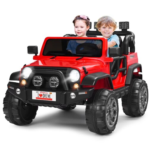 Costzon 2-Seater Ride on Truck, 12V Battery Powered Electric Vehicle Toy w/Remote Control, 3 Speed, LED Lights, MP3, Horn, Music, 2 Doors Open, Spring Suspension, Ride on Car for Kids (Red)