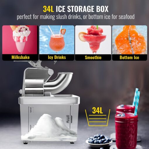 VEVOR 110V Commercial Ice Crusher 661LBS/H, ETL Approved 300W Electric Snow Cone Machine with Dual Blades, Stainless Steel Shaved Ice Machine with Safety On/Off Switch for Family, Restaurants, Bars - Image 5