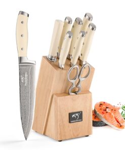 Damascus Kitchen Knife Set, 9 Pieces With Block, White ABS Triple Rivet Ergonomic Handle for Chef Knives, Sharpener and Shears