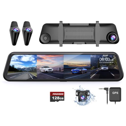 PRUVEEO 12'' Rear View Mirror Camera,360 View 4 Channel Mirror Dash Cam Detached Camera for Cars，FHD1080Px4,Dash Cam Front and Rear Side(Left,Right),Night Vision,GPS,Parking Monitor,Free 128GB Card