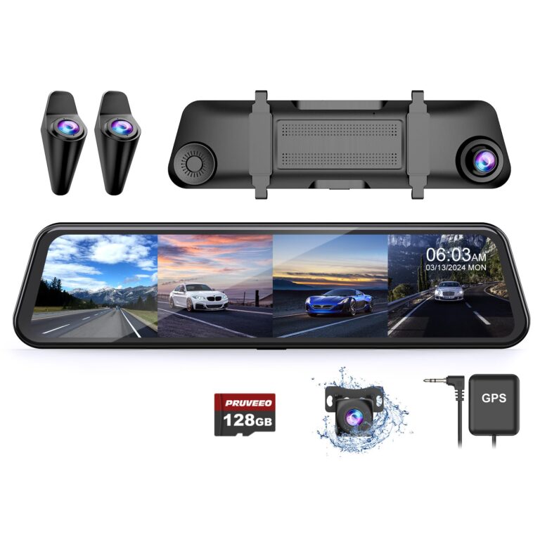 PRUVEEO 12'' Rear View Mirror Camera,360 View 4 Channel Mirror Dash Cam Detached Camera for Cars，FHD1080Px4,Dash Cam Front and Rear Side(Left,Right),Night Vision,GPS,Parking Monitor,Free 128GB Card