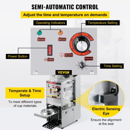 VEVOR Semi-automatic Cup Sealing Machine, 300-500 Cup/h Tea Cup Sealer Machine, Silver Boba Cup Sealer Machine, 90/95mm Cup Diameter Boba Cup Sealing Machine with Control Panel for Bubble Milk Tea - Image 7
