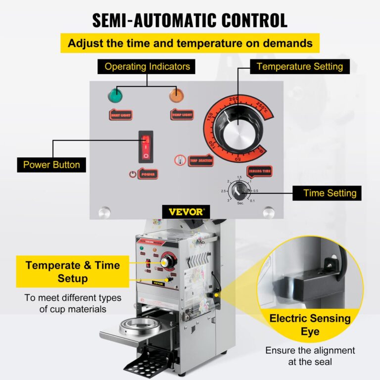 VEVOR Semi-automatic Cup Sealing Machine, 300-500 Cup/h Tea Cup Sealer Machine, Silver Boba Cup Sealer Machine, 90/95mm Cup Diameter Boba Cup Sealing Machine with Control Panel for Bubble Milk Tea - Image 7
