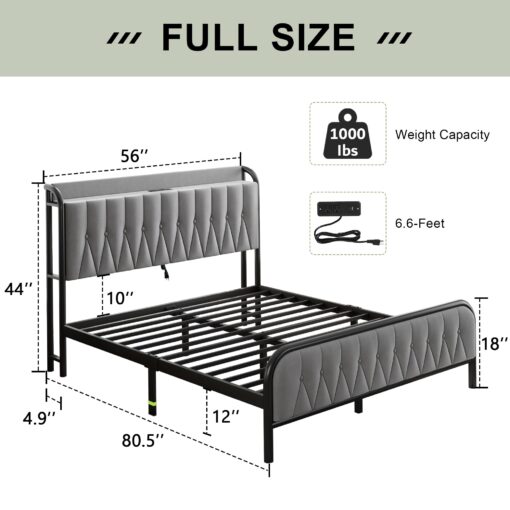 Feonase Velvet Full Size Bed Frame with Fast Charging Station,Full Metal Platform Beds with Upholstered Headboard & Footboard,12" Under Bed Storage Space,Easy Assembly,Noise-Free,Matte Gray - Image 7