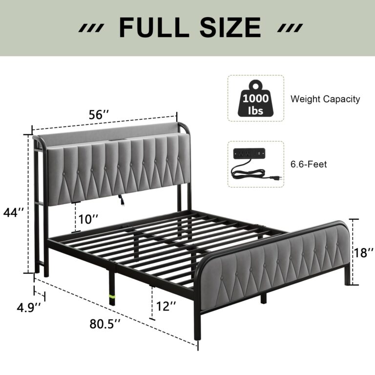 Feonase Velvet Full Size Bed Frame with Fast Charging Station,Full Metal Platform Beds with Upholstered Headboard & Footboard,12" Under Bed Storage Space,Easy Assembly,Noise-Free,Matte Gray - Image 7