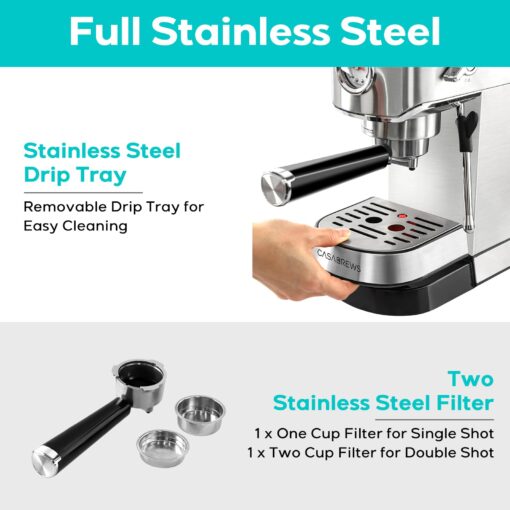 CASABREWS CM5418 Espresso Machine 20 Bar, Compact Espresso Maker with Steam Milk Frother, Stainless Steel Coffee Machine with 34oz Removable Water Tank for Cappuccino, Latte, Silver - Image 5