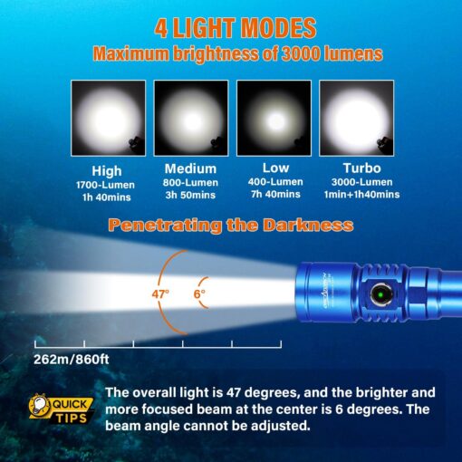 ORCATORCH D710 Scuba Diving Light, 3000 Lumens Super Bright Underwater Flashlight with 6 Degrees Narrow Beam, IP68 Waterproof Night Dive Torch 150 Meters Submersible Light (Blue) - Image 6