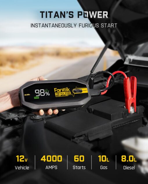 FANTTIK T8 MAX 4000 Amp Jump Starter, 24000mAh Car Battery Pack for Up to 10.0L Gasoline and 8.0L Diesel Engines with LED Display,100W Fast Charging, 12V Extreme Safe Lithium Portable - Image 9
