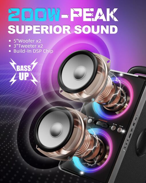 YIER Bluetooth Party Speaker, 200W Peak Portable Loud Stereo with Subwoofer, Wireless TWS Pairing Deep Bass Led Light Show with Fast Charging for Outdoor Home Party Camping - Image 7