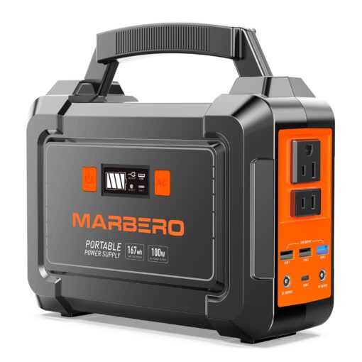 Portable Power Station 100W MARBERO Camping Solar Generator 167Wh Power Bank with AC Outlet 110V with Multi-Output LED Flashlights for CPAP Home Camping Hurricane Emergency